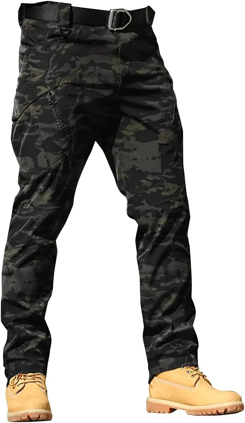 Men's Tapered Hiking Cargo Pants Lightweight Water-Resistant Flex Ripstop Trousers Outdoor Casual Jogger Camo Lounge Pants
