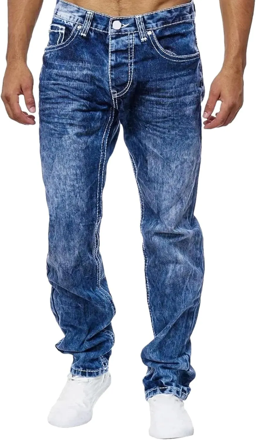 Men's Vintage Fit Washed Jeans Casual High Waist with Ripped Jeans with Pockets