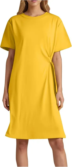 Midi Dresses for Women 2025 Short Sleeve Crewneck Casual Dress Solid Color Summer Midi Dress