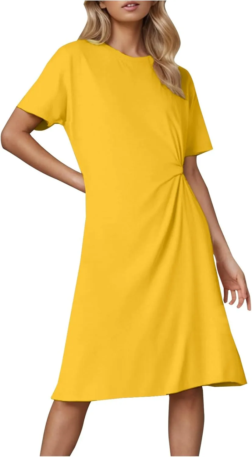 Midi Dresses for Women 2025 Short Sleeve Crewneck Casual Dress Solid Color Summer Midi Dress