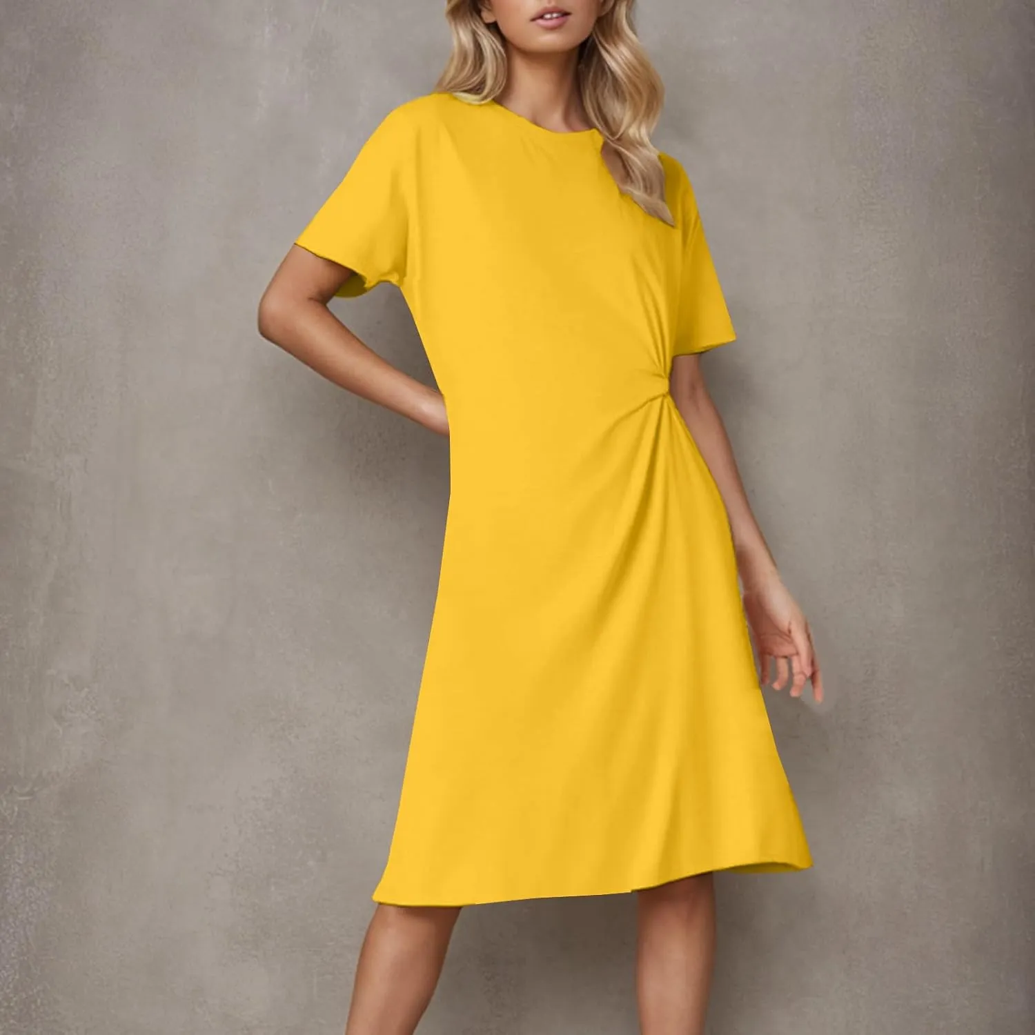 Midi Dresses for Women 2025 Short Sleeve Crewneck Casual Dress Solid Color Summer Midi Dress