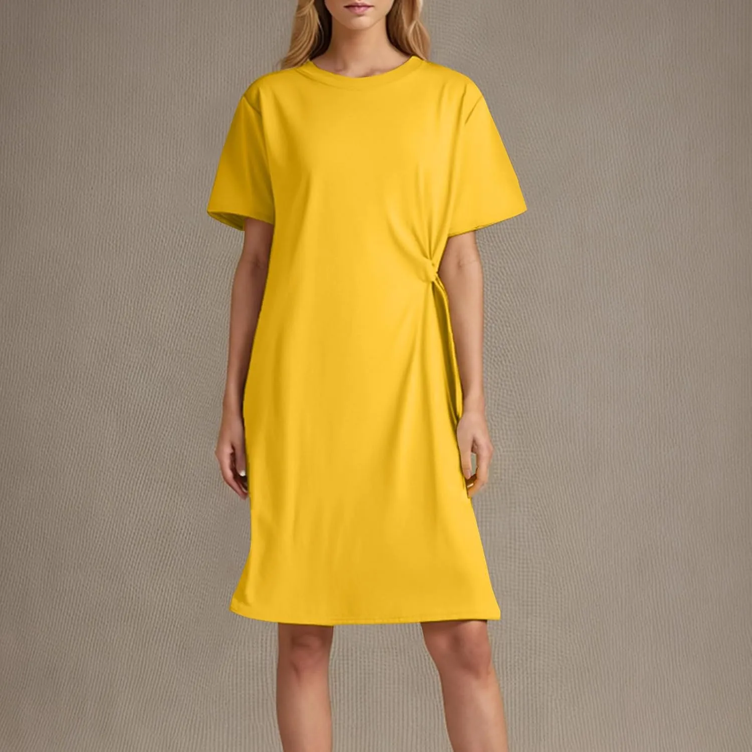 Midi Dresses for Women 2025 Short Sleeve Crewneck Casual Dress Solid Color Summer Midi Dress