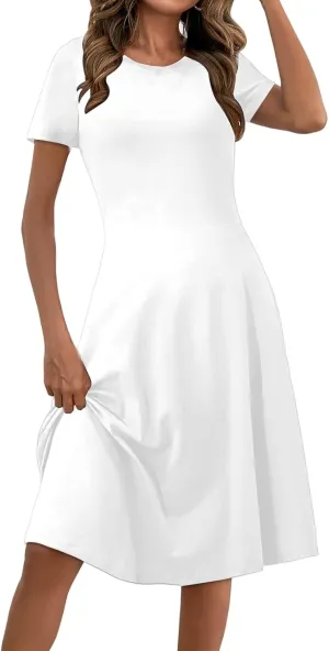 Midi Dresses for Women Casual Sundresses Short Sleeve Crewneck Summer Dress Empire Waist A-Line Dresses 2025