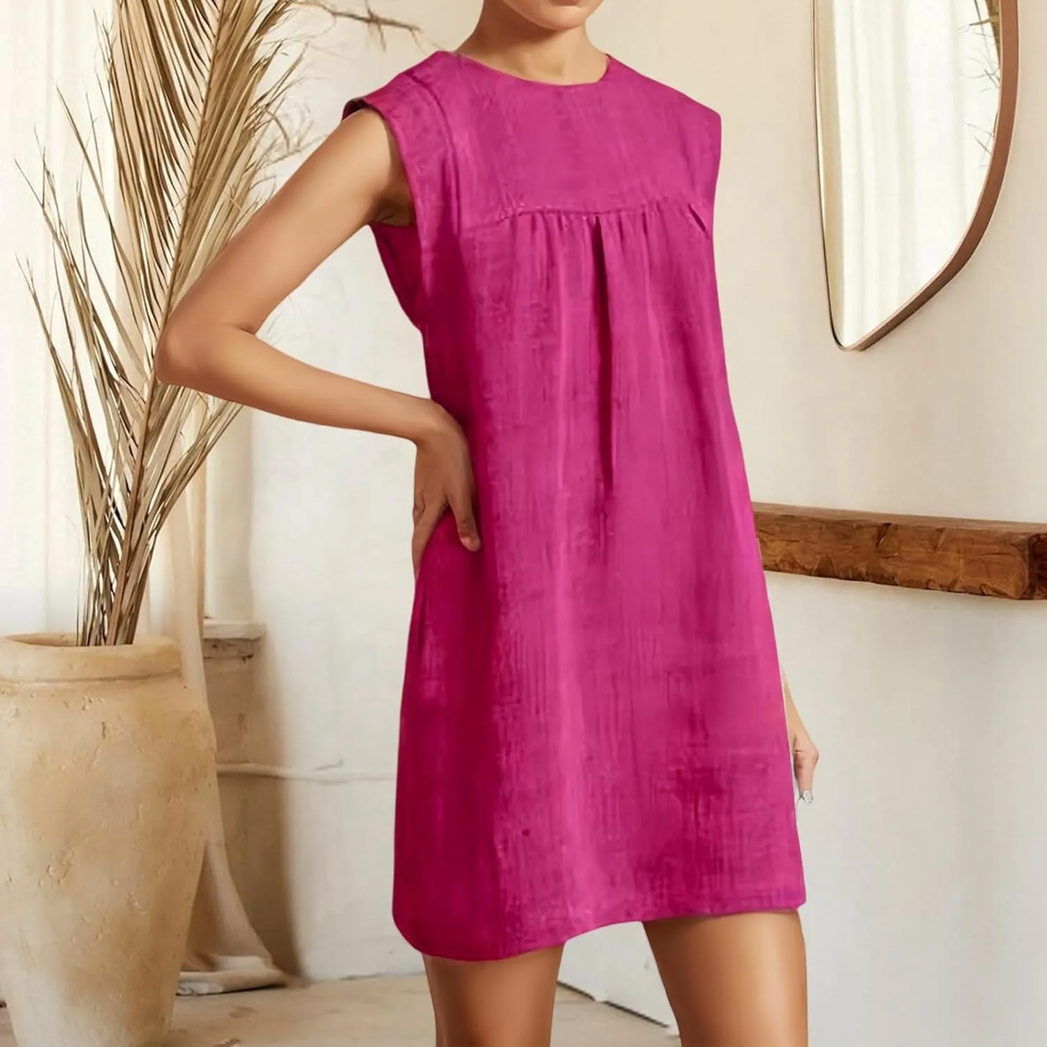 Mini Dresses for Women Summer Cotton Linen A Line Dress Casual Business Short Dress Comfy T Shirt Sundresses Pockets