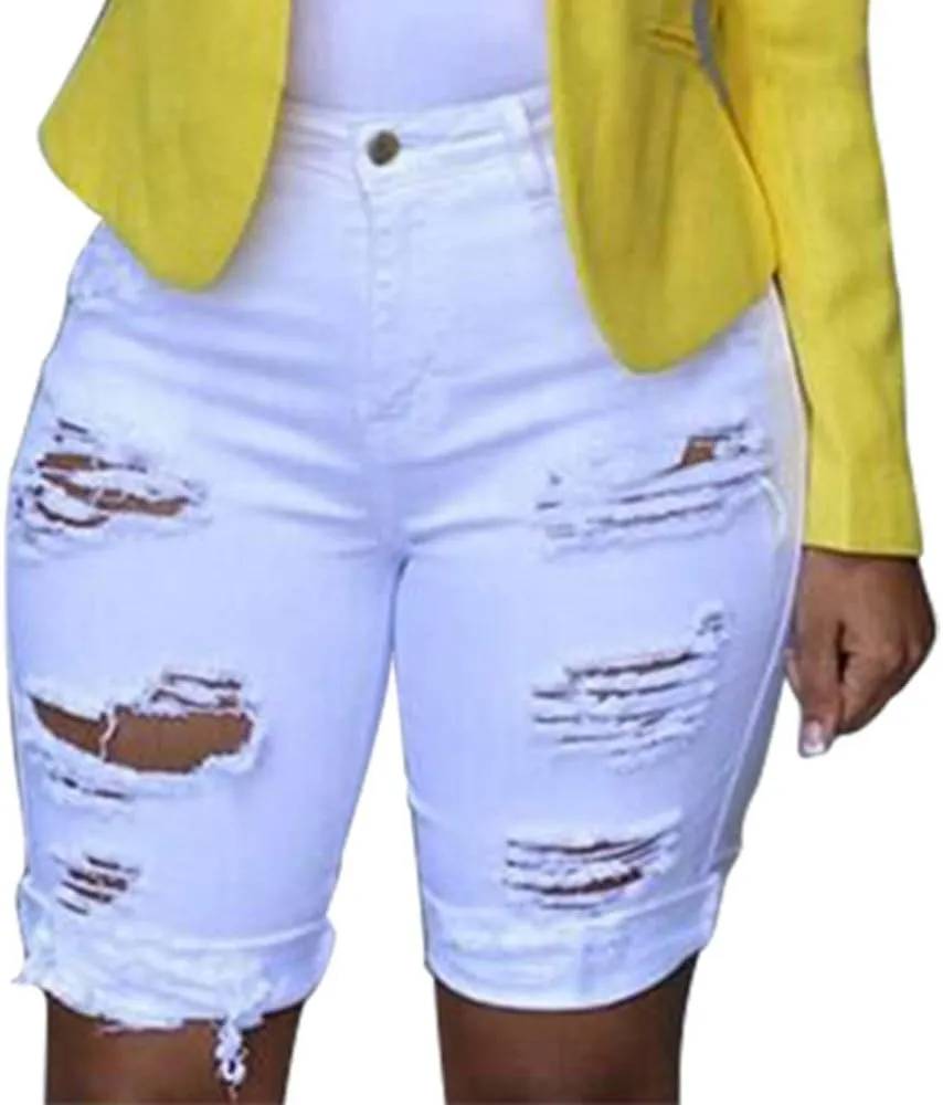 NATHGAM Women's Ripped Denim Shorts High Waisted Distressed Bermuda Shorts Frayed Raw Hem Bodycon Stretch Jean Shorts