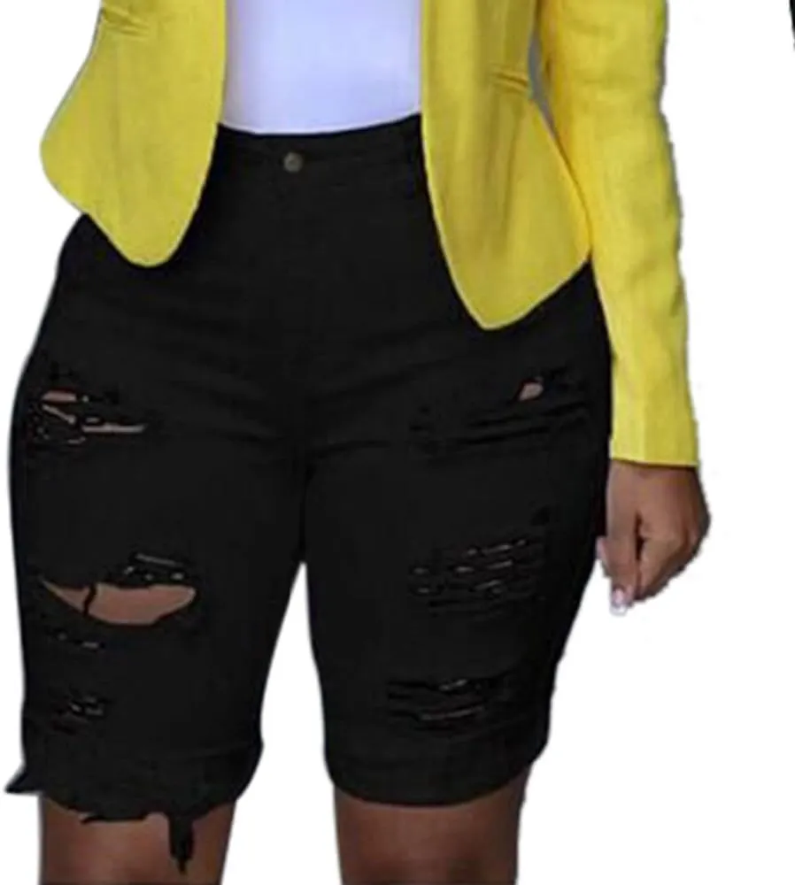 NATHGAM Women's Ripped Denim Shorts High Waisted Distressed Bermuda Shorts Frayed Raw Hem Bodycon Stretch Jean Shorts