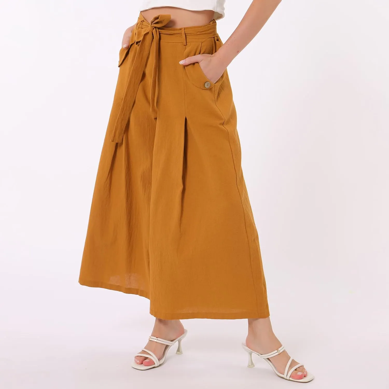 OBEEII Women's Cropped Wide Leg Pants with Pockets High Waisted Flowy Linen Pants Casual Summer Beach Loose Palazzo Pants