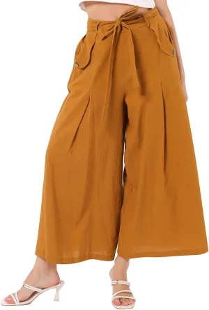 OBEEII Women's Cropped Wide Leg Pants with Pockets High Waisted Flowy Linen Pants Casual Summer Beach Loose Palazzo Pants
