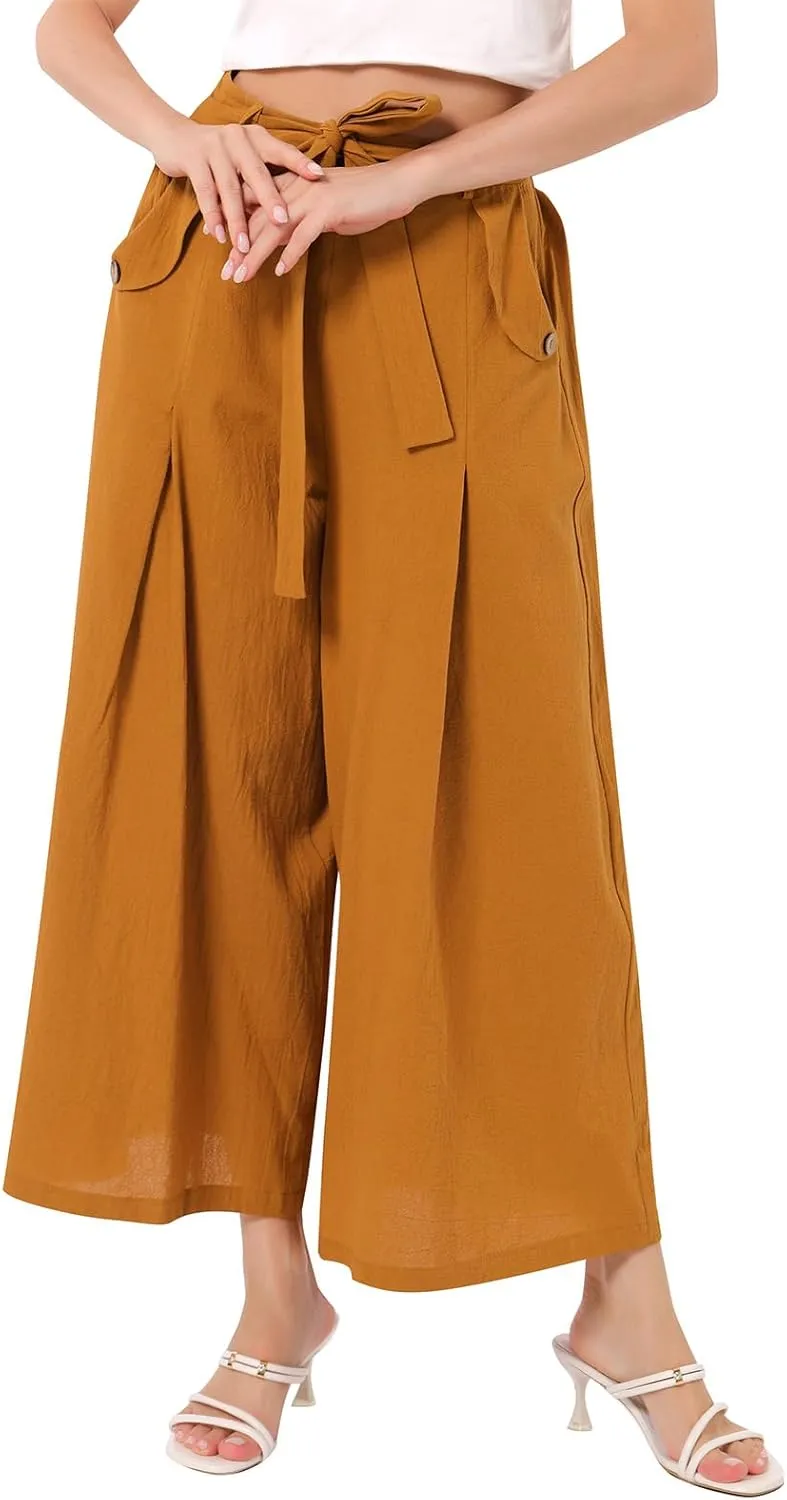 OBEEII Women's Cropped Wide Leg Pants with Pockets High Waisted Flowy Linen Pants Casual Summer Beach Loose Palazzo Pants