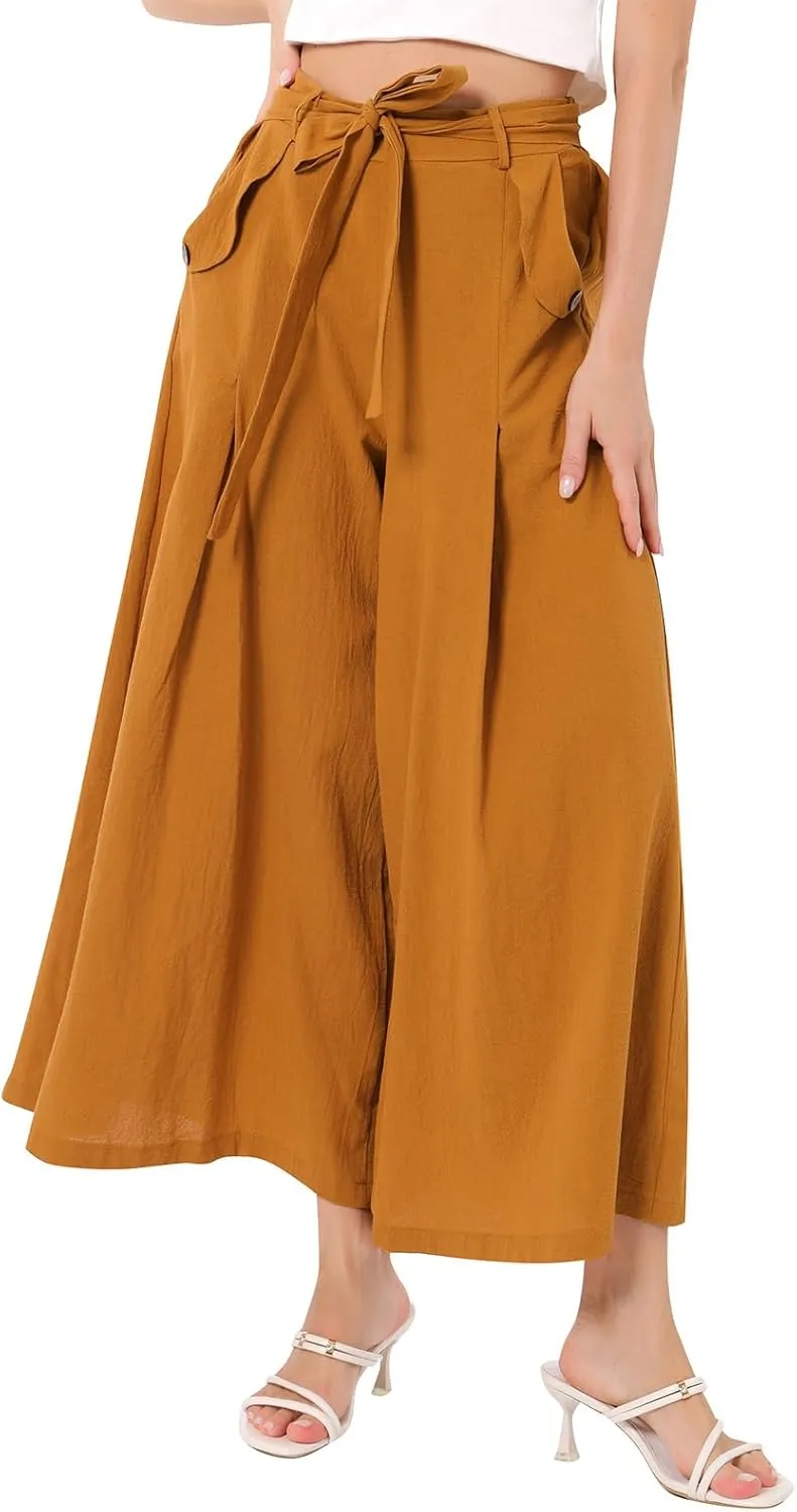 OBEEII Women's Cropped Wide Leg Pants with Pockets High Waisted Flowy Linen Pants Casual Summer Beach Loose Palazzo Pants