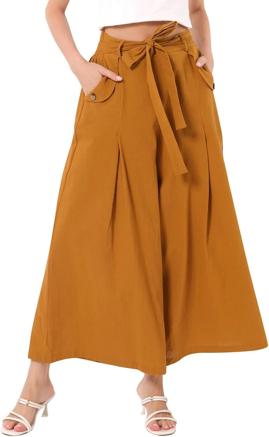 OBEEII Women's Cropped Wide Leg Pants with Pockets High Waisted Flowy Linen Pants Casual Summer Beach Loose Palazzo Pants