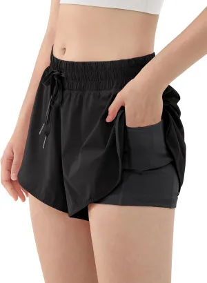 ODODOS 2 in1 Athletic Shorts for Women High Waist Dolphin Split Workout Running Shorts with Pockets