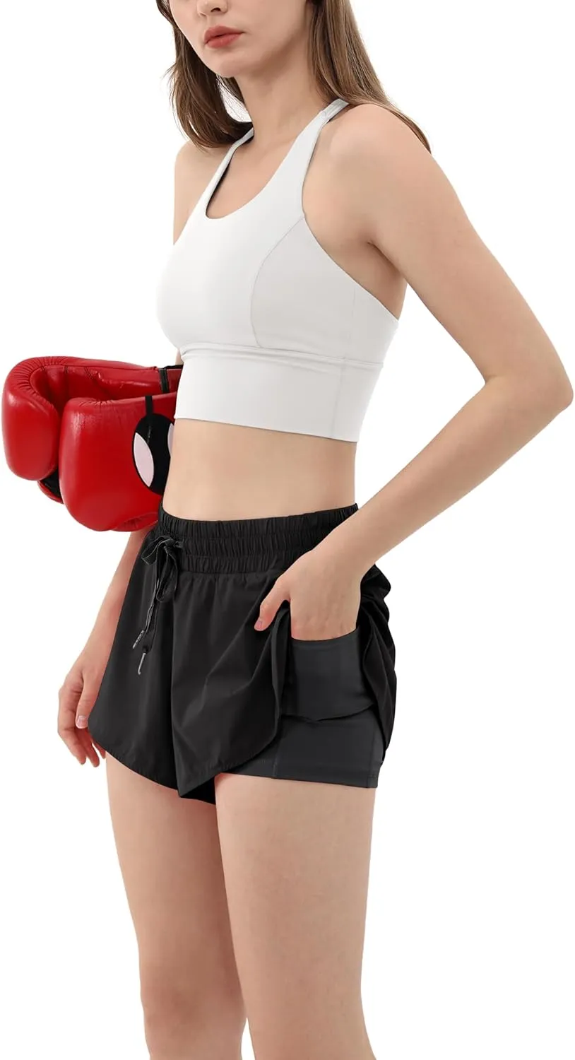ODODOS 2 in1 Athletic Shorts for Women High Waist Dolphin Split Workout Running Shorts with Pockets