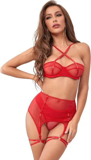 ohyeah Women Lingerie Sets with Garter Belt for Thigh Highs Lace Bra and Panty 4 Piece Garter Lingerie(No Stocking)