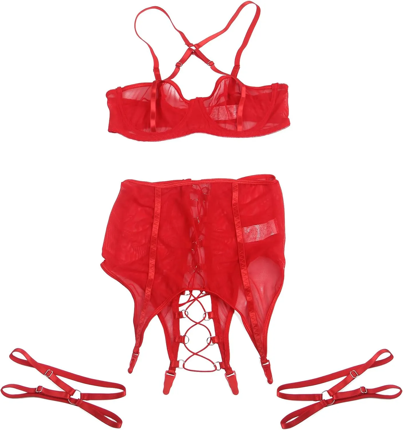 ohyeah Women Lingerie Sets with Garter Belt for Thigh Highs Lace Bra and Panty 4 Piece Garter Lingerie(No Stocking)