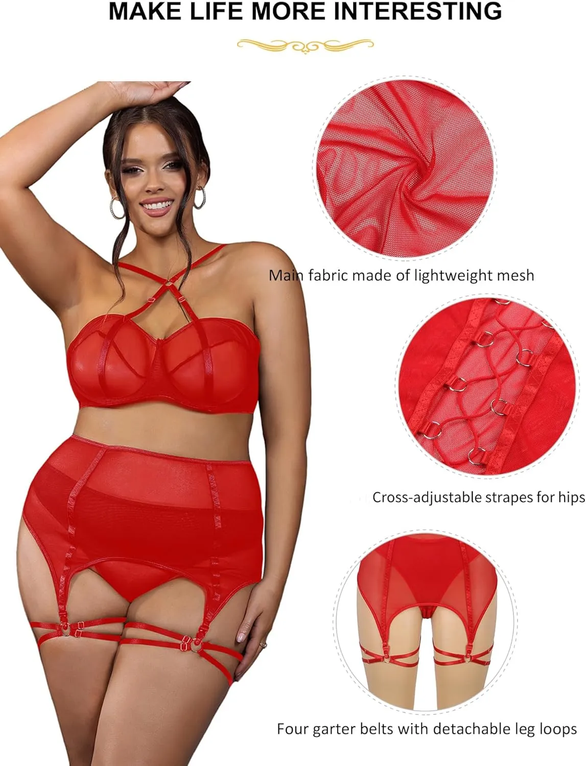 ohyeah Women Lingerie Sets with Garter Belt for Thigh Highs Lace Bra and Panty 4 Piece Garter Lingerie(No Stocking)