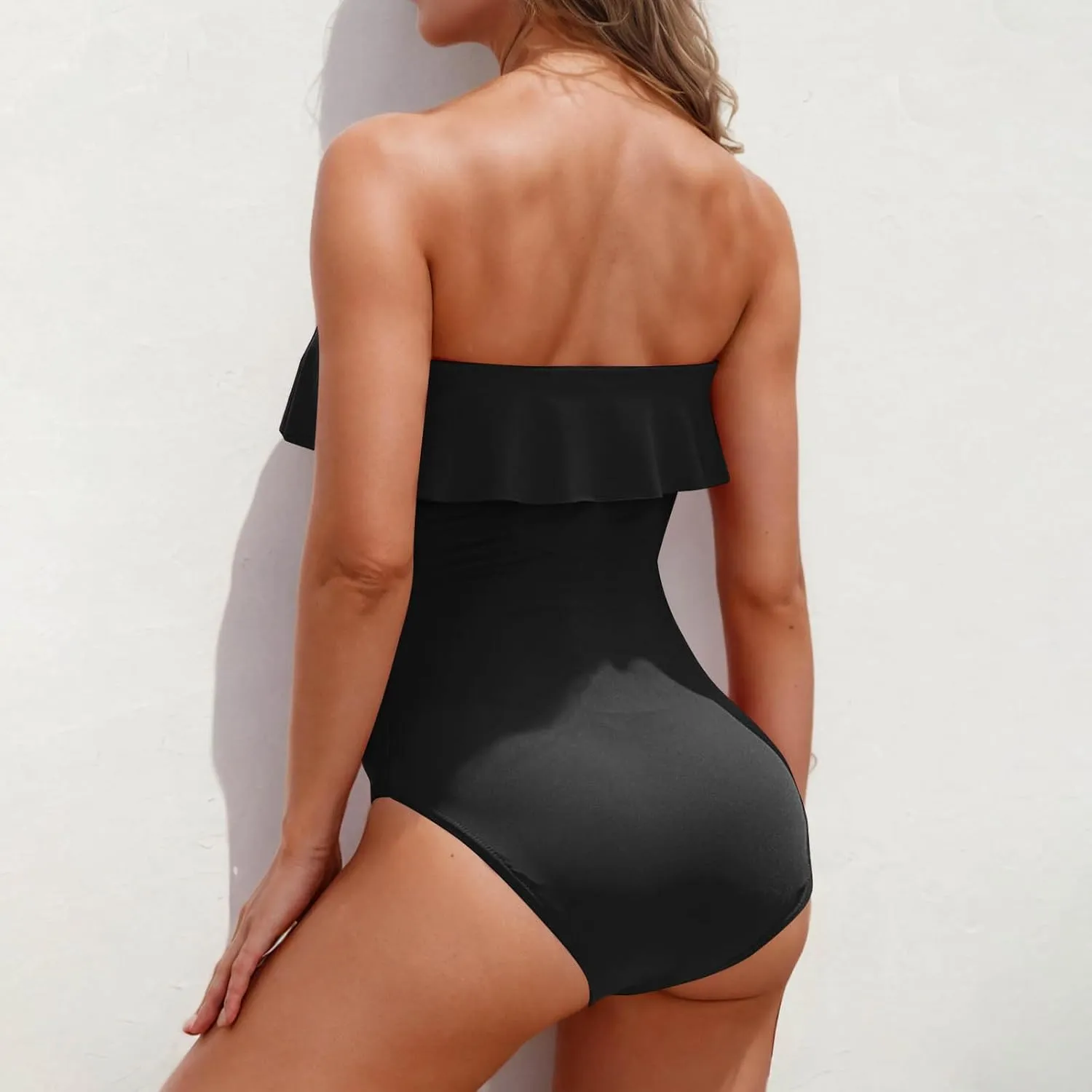 One Piece Swimsuit Women Tummy Control Swimsuits High Cut Removable Halter Bathing Suit Full Coverage Ruffle Swimwear