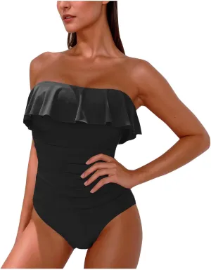 One Piece Swimsuit Women Tummy Control Swimsuits High Cut Removable Halter Bathing Suit Full Coverage Ruffle Swimwear