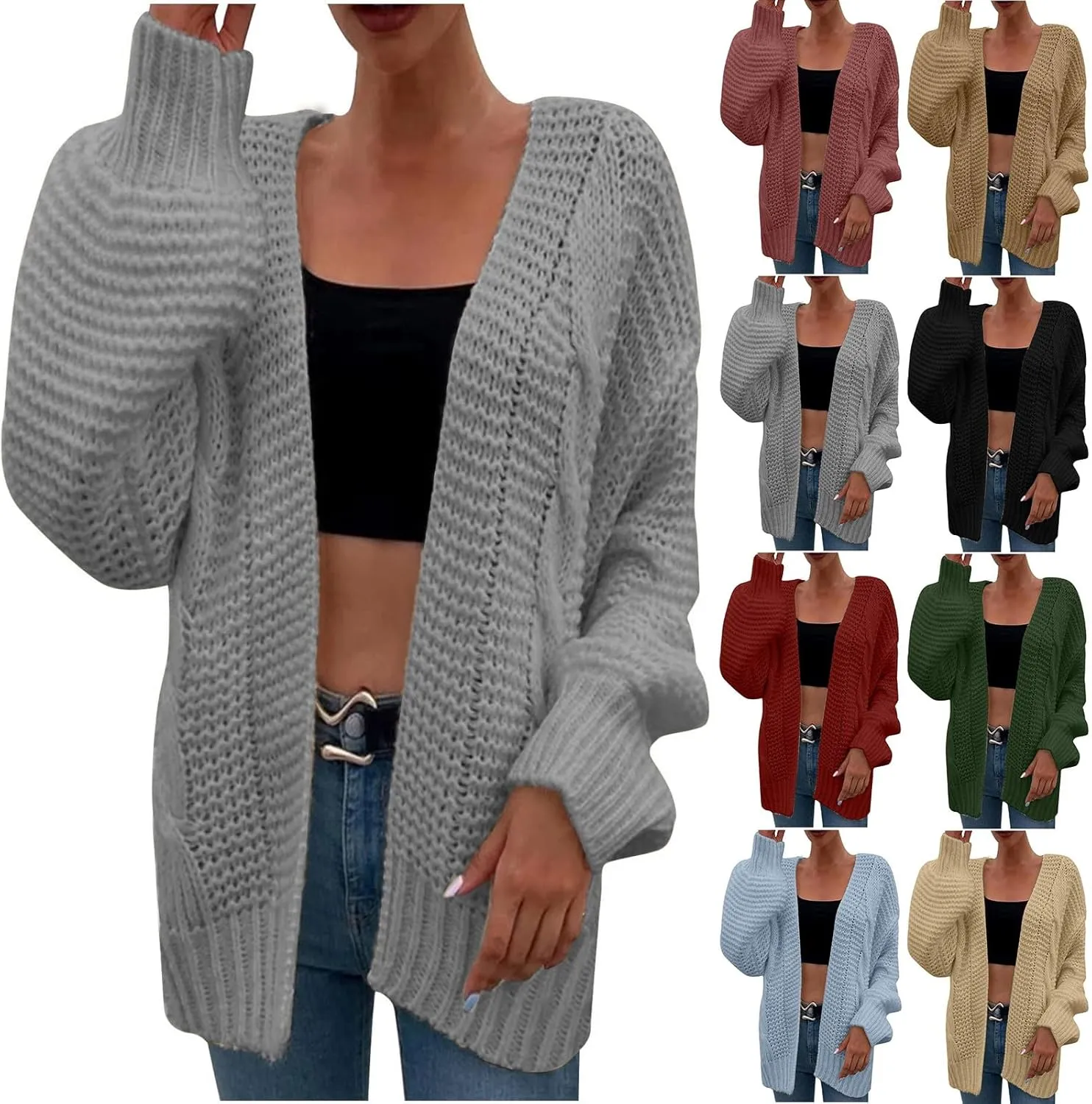 Oversized Cardigan Sweater Women Lightweight Cable Knit Open Front Cardigan Baggy Lantern Sleeve Chunky Sweaters Coat