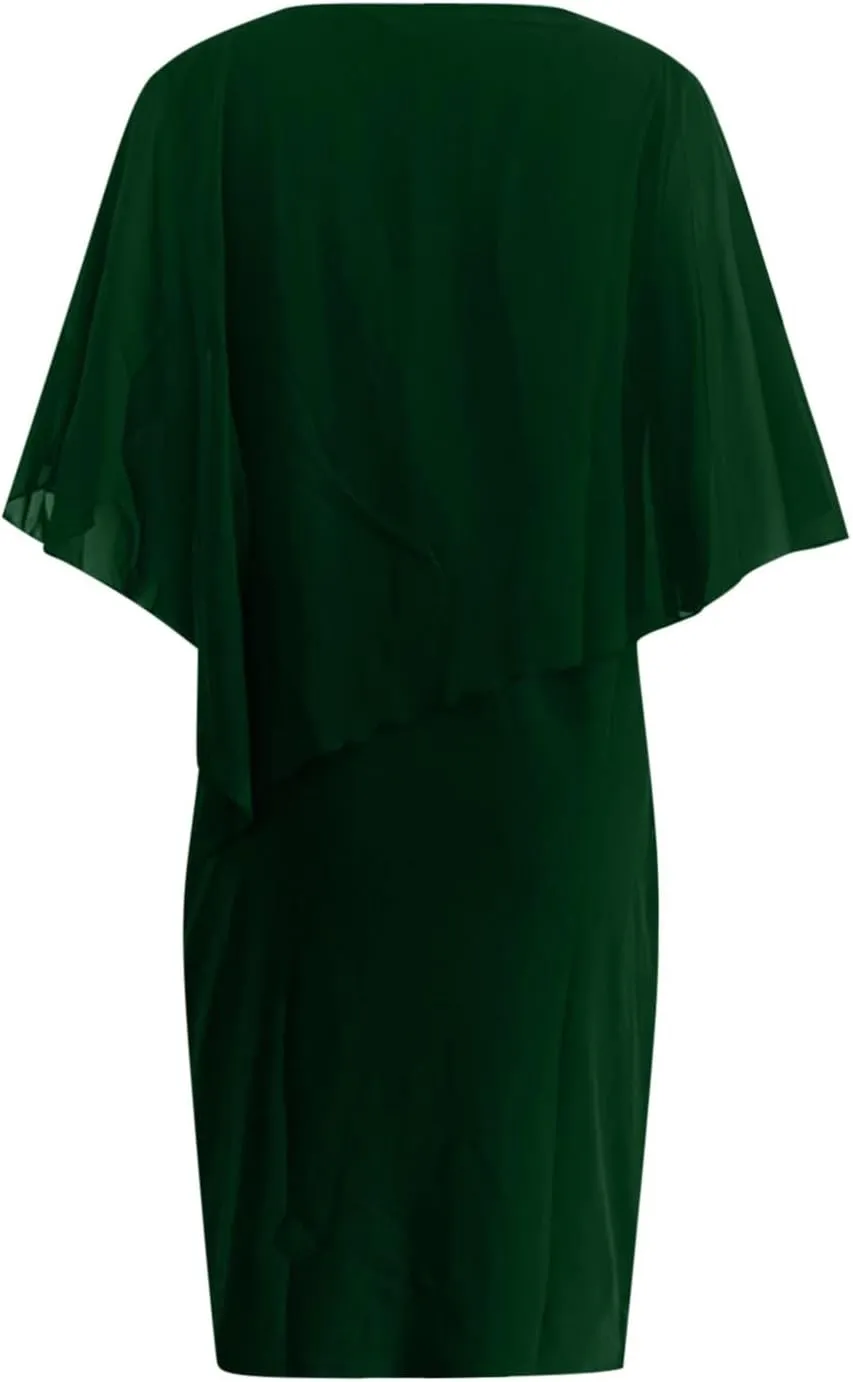 Plus Size Cape Dress for Women Elegant Casual V Neck Bodycon Pencil Dress with Chiffon Overlay Wedding Cocktail Party Dress