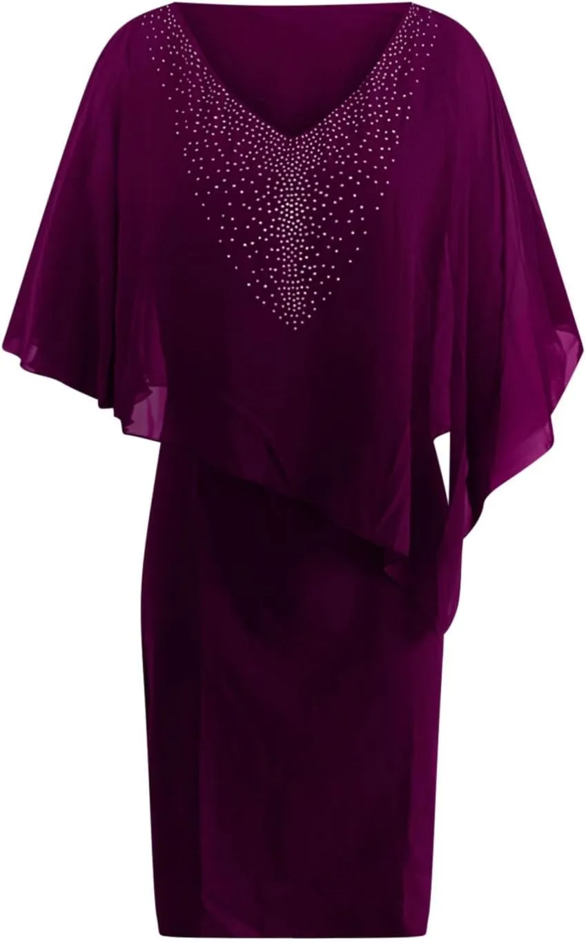Plus Size Cape Dress for Women Elegant Casual V Neck Bodycon Pencil Dress with Chiffon Overlay Wedding Cocktail Party Dress