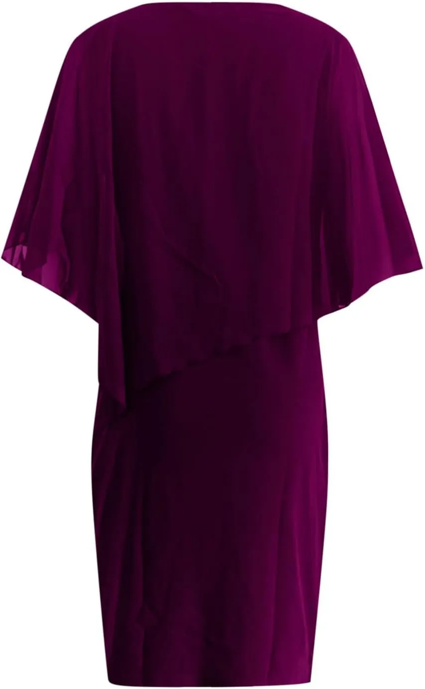 Plus Size Cape Dress for Women Elegant Casual V Neck Bodycon Pencil Dress with Chiffon Overlay Wedding Cocktail Party Dress