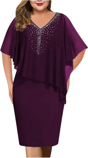 Plus Size Cape Dress for Women Elegant Casual V Neck Bodycon Pencil Dress with Chiffon Overlay Wedding Cocktail Party Dress