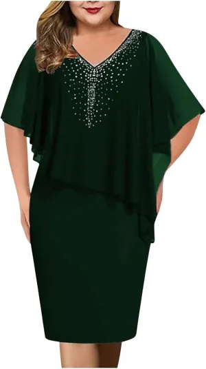 Plus Size Cape Dress for Women Elegant Casual V Neck Bodycon Pencil Dress with Chiffon Overlay Wedding Cocktail Party Dress