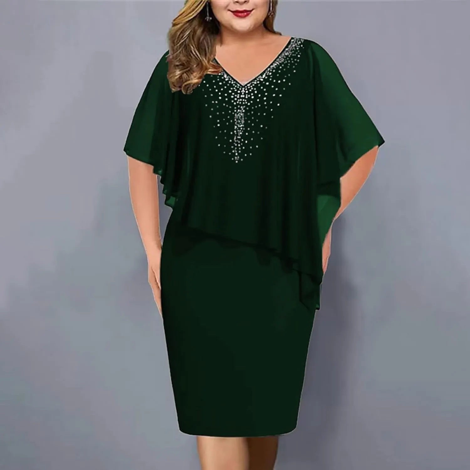 Plus Size Cape Dress for Women Elegant Casual V Neck Bodycon Pencil Dress with Chiffon Overlay Wedding Cocktail Party Dress