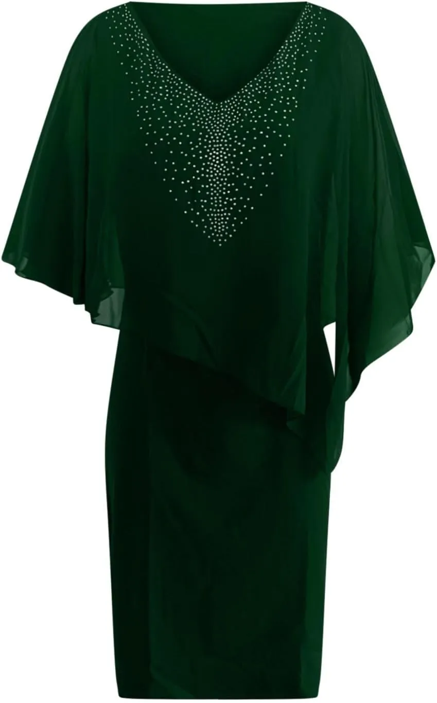 Plus Size Cape Dress for Women Elegant Casual V Neck Bodycon Pencil Dress with Chiffon Overlay Wedding Cocktail Party Dress