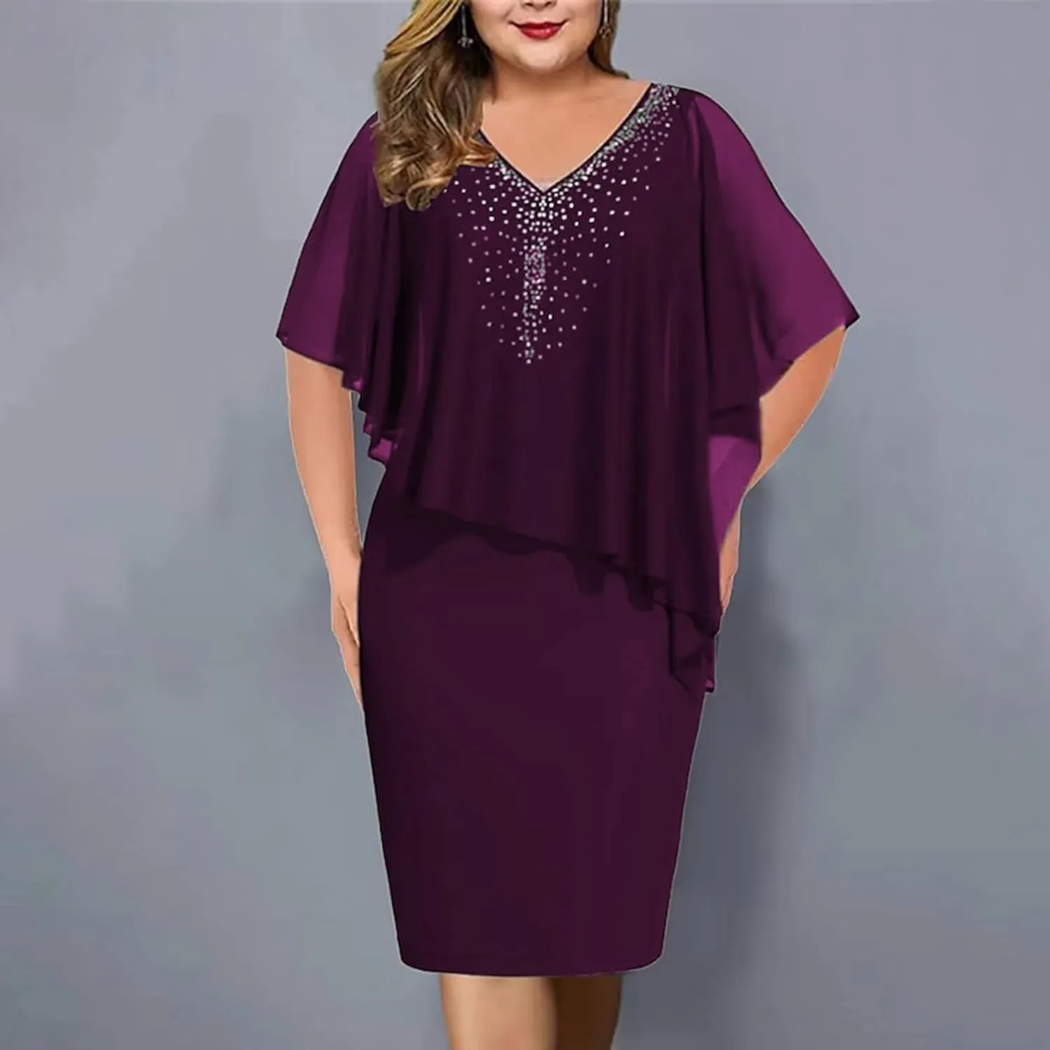 Plus Size Cape Dress for Women Elegant Casual V Neck Bodycon Pencil Dress with Chiffon Overlay Wedding Cocktail Party Dress