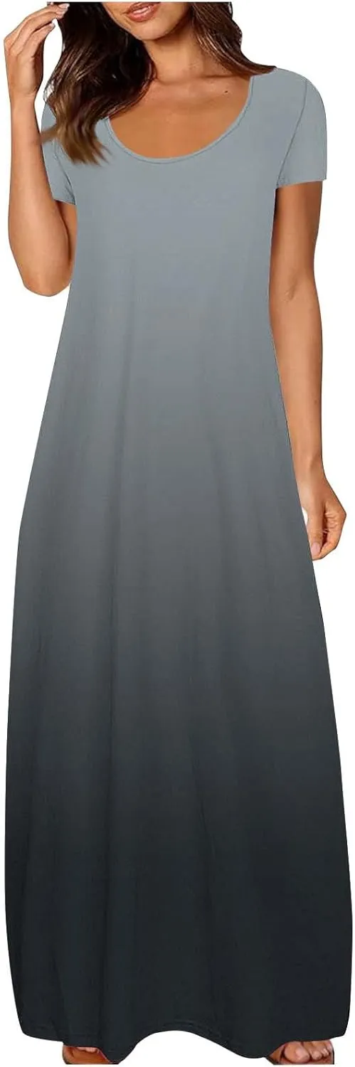 Plus Size Sundresses for Women Short Sleeve Maxi House Dress Soft Comfy Nightgowns Loose Flowy Beach Vacation Dress