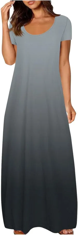 Plus Size Sundresses for Women Short Sleeve Maxi House Dress Soft Comfy Nightgowns Loose Flowy Beach Vacation Dress
