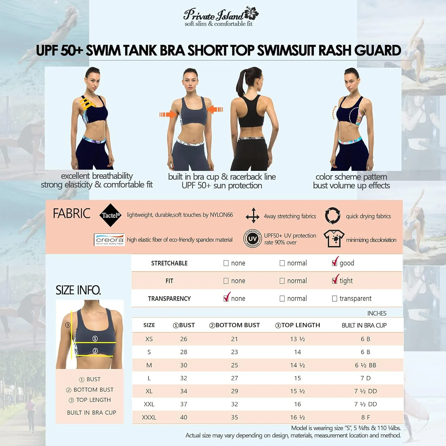 Private Island Women UPF 50  Swim Tank Bra Short Top Sports Bras Swimsuit Rash Guard (YST)