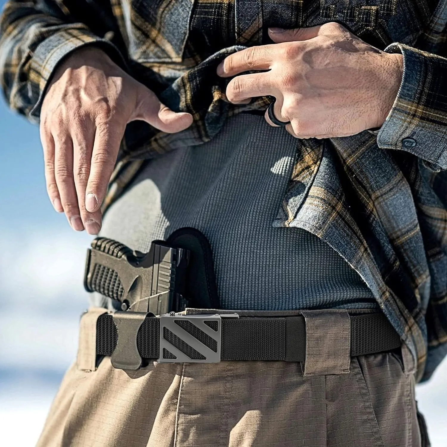 Ratchet Tactical Gun Belt for Men - 1.5" Stiff Nylon Web Work Belts Heavy Duty - Slide Buckle Fit Pants