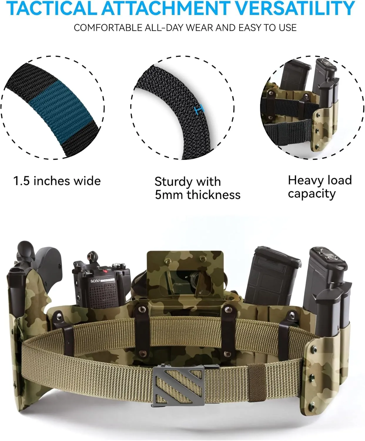 Ratchet Tactical Gun Belt for Men - 1.5" Stiff Nylon Web Work Belts Heavy Duty - Slide Buckle Fit Pants