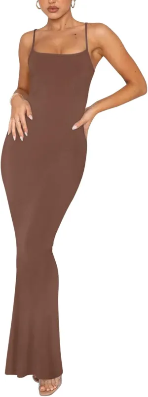 REORIA Women's Basic Sexy Lounge Slip Long Dress Elegant Sleeveless Backless Ribbed Bodycon Maxi Dresses