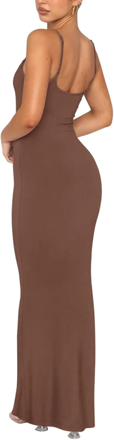 REORIA Women's Basic Sexy Lounge Slip Long Dress Elegant Sleeveless Backless Ribbed Bodycon Maxi Dresses