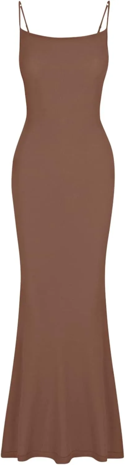 REORIA Women's Basic Sexy Lounge Slip Long Dress Elegant Sleeveless Backless Ribbed Bodycon Maxi Dresses