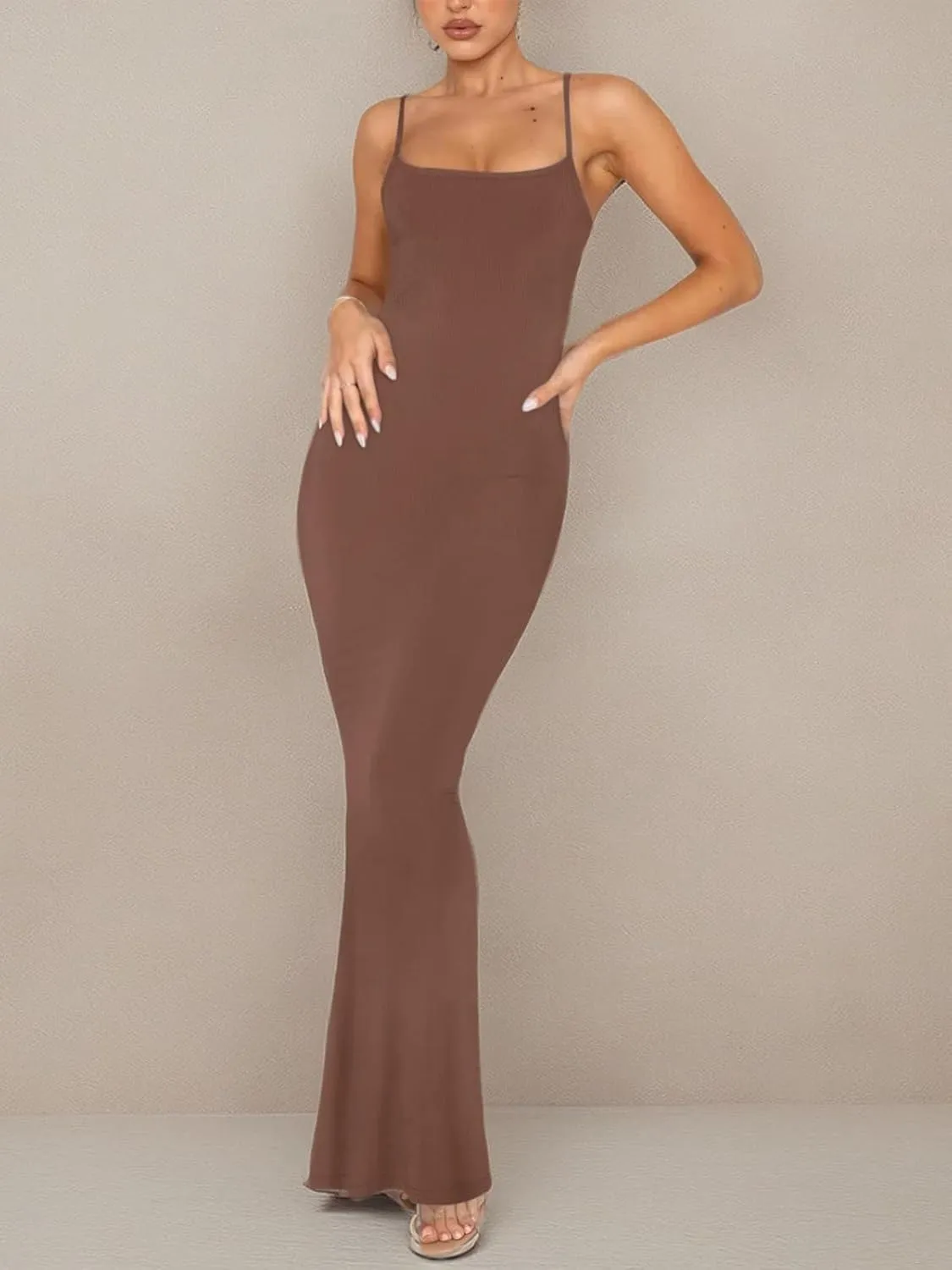 REORIA Women's Basic Sexy Lounge Slip Long Dress Elegant Sleeveless Backless Ribbed Bodycon Maxi Dresses
