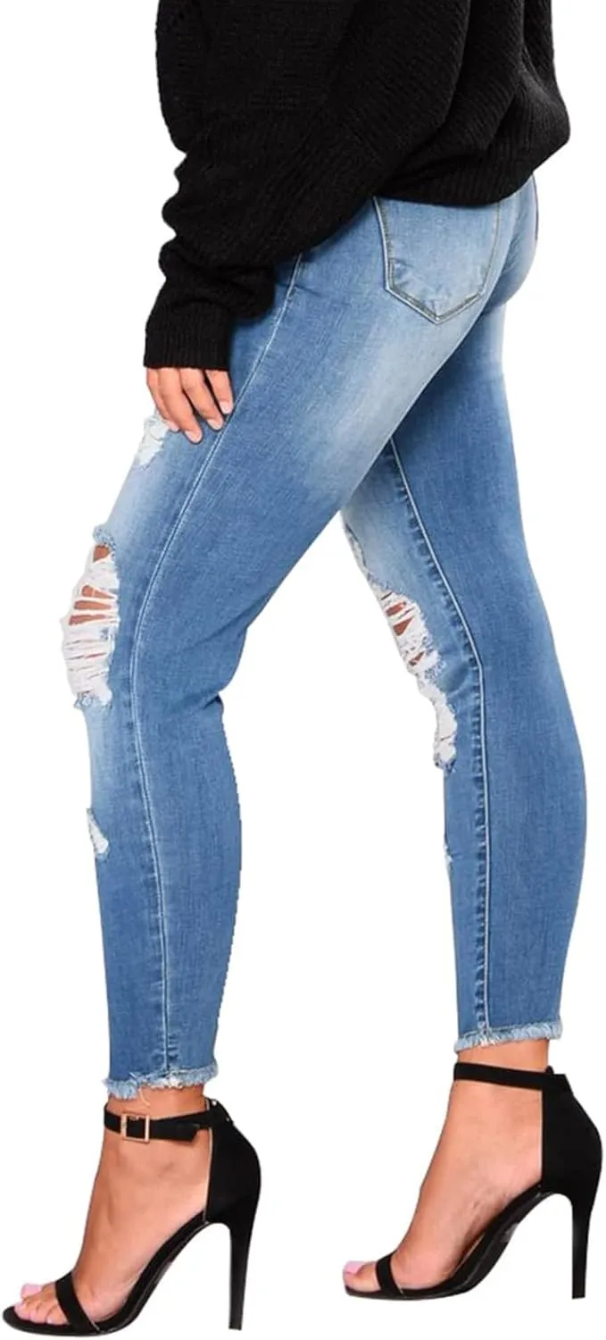 Ripped Jeans Womens Stretchy Low Rise Jeans Trendy Tummy Control Skinny Jeans Raw Hem Distressed Denim Leggings