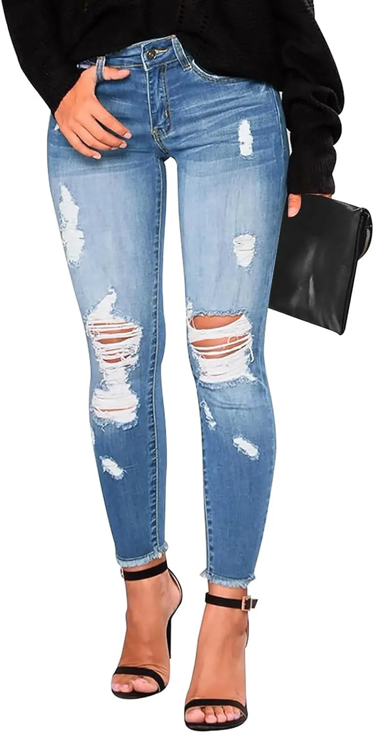 Ripped Jeans Womens Stretchy Low Rise Jeans Trendy Tummy Control Skinny Jeans Raw Hem Distressed Denim Leggings