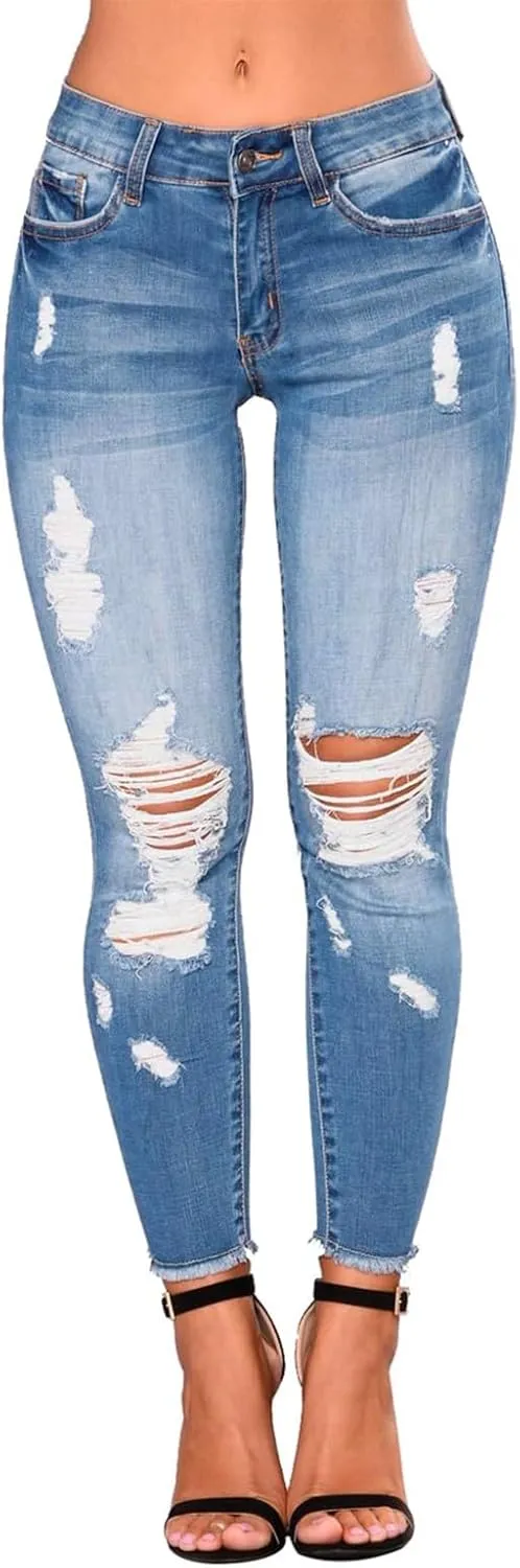 Ripped Jeans Womens Stretchy Low Rise Jeans Trendy Tummy Control Skinny Jeans Raw Hem Distressed Denim Leggings