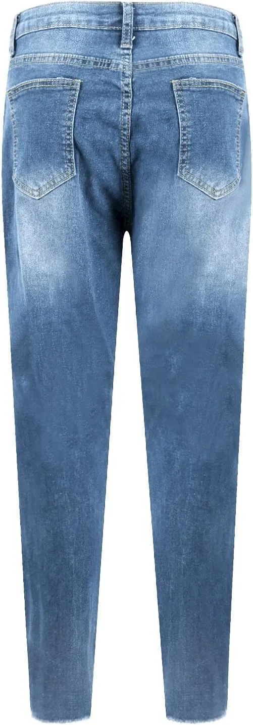 Ripped Jeans Womens Stretchy Low Rise Jeans Trendy Tummy Control Skinny Jeans Raw Hem Distressed Denim Leggings