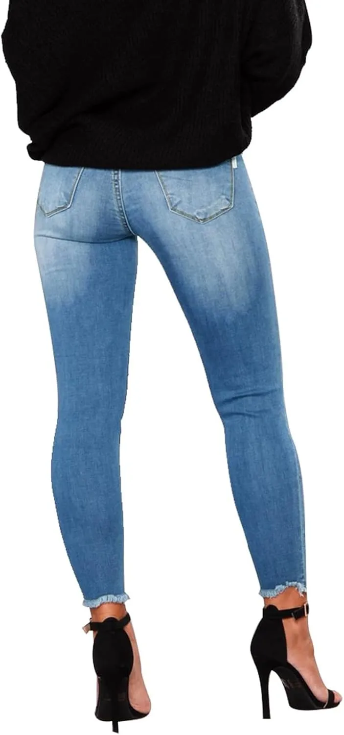 Ripped Jeans Womens Stretchy Low Rise Jeans Trendy Tummy Control Skinny Jeans Raw Hem Distressed Denim Leggings