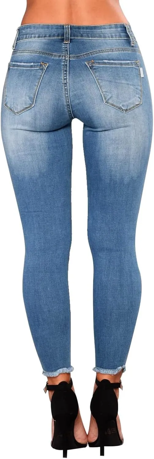 Ripped Jeans Womens Stretchy Low Rise Jeans Trendy Tummy Control Skinny Jeans Raw Hem Distressed Denim Leggings