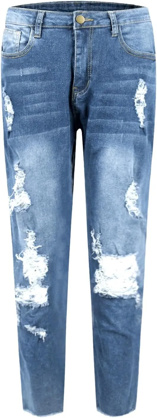 Ripped Jeans Womens Stretchy Low Rise Jeans Trendy Tummy Control Skinny Jeans Raw Hem Distressed Denim Leggings