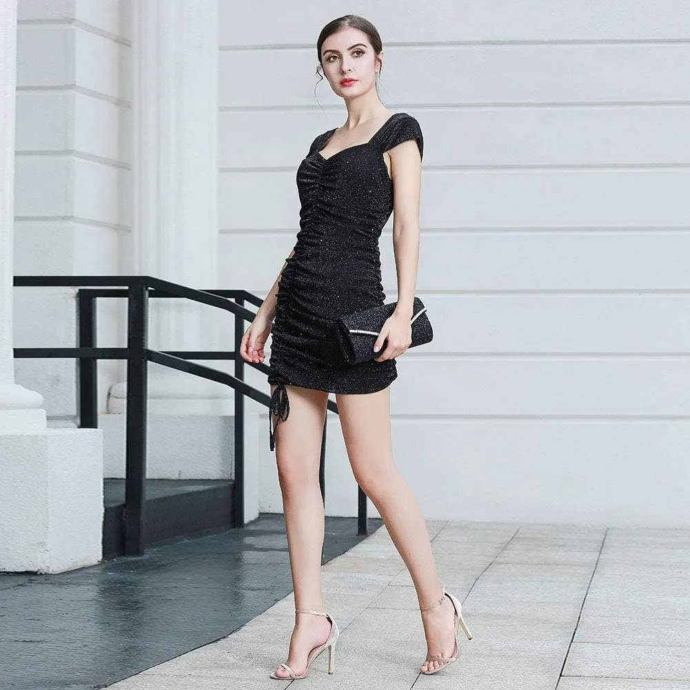 ROYAL SMEELA Ruched Bodycon Mini Dress Cap Sleeve Dresses for Women Party Drawstring Sexy Elegant Cocktail Party Club Dress