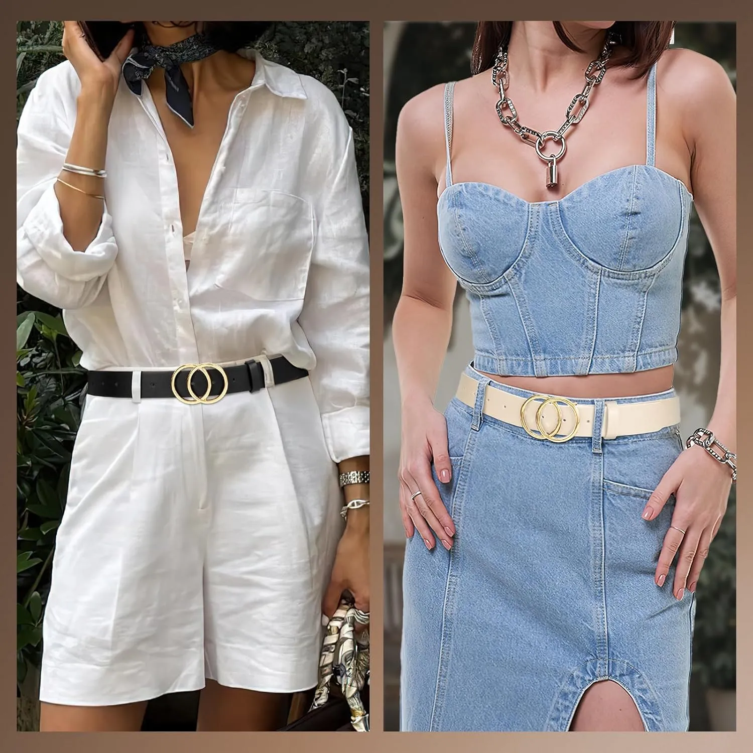 SANSTHS 2 Pack Women Leather Belts Faux Leather Jeans Belt with Double O Ring Buckle