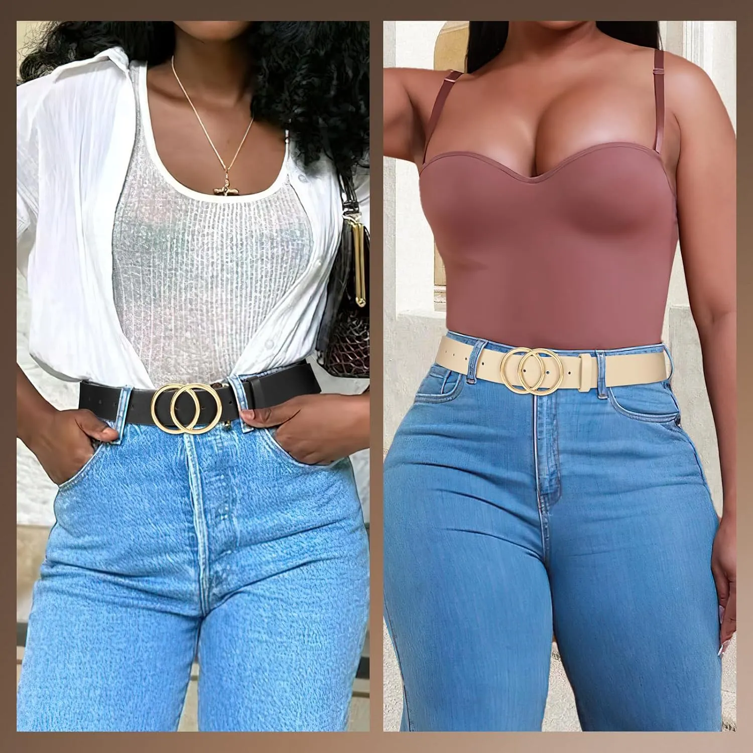 SANSTHS 2 Pack Women Leather Belts Faux Leather Jeans Belt with Double O Ring Buckle